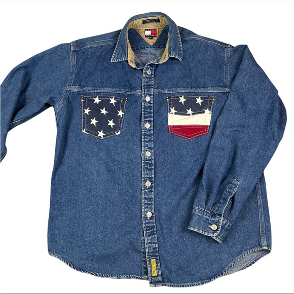 Vintage Tommy Hilfiger American Flag Denim Button Down - Size XL - Picture 1 of 8